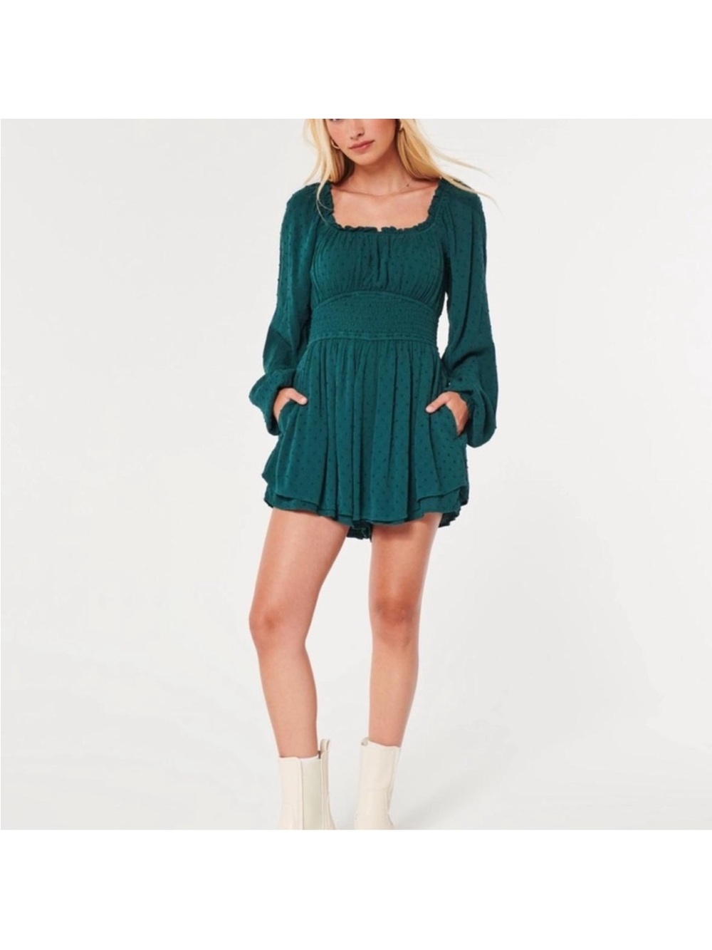 Hollister Teal Smocked Waist Long Sleeve Romper Dress